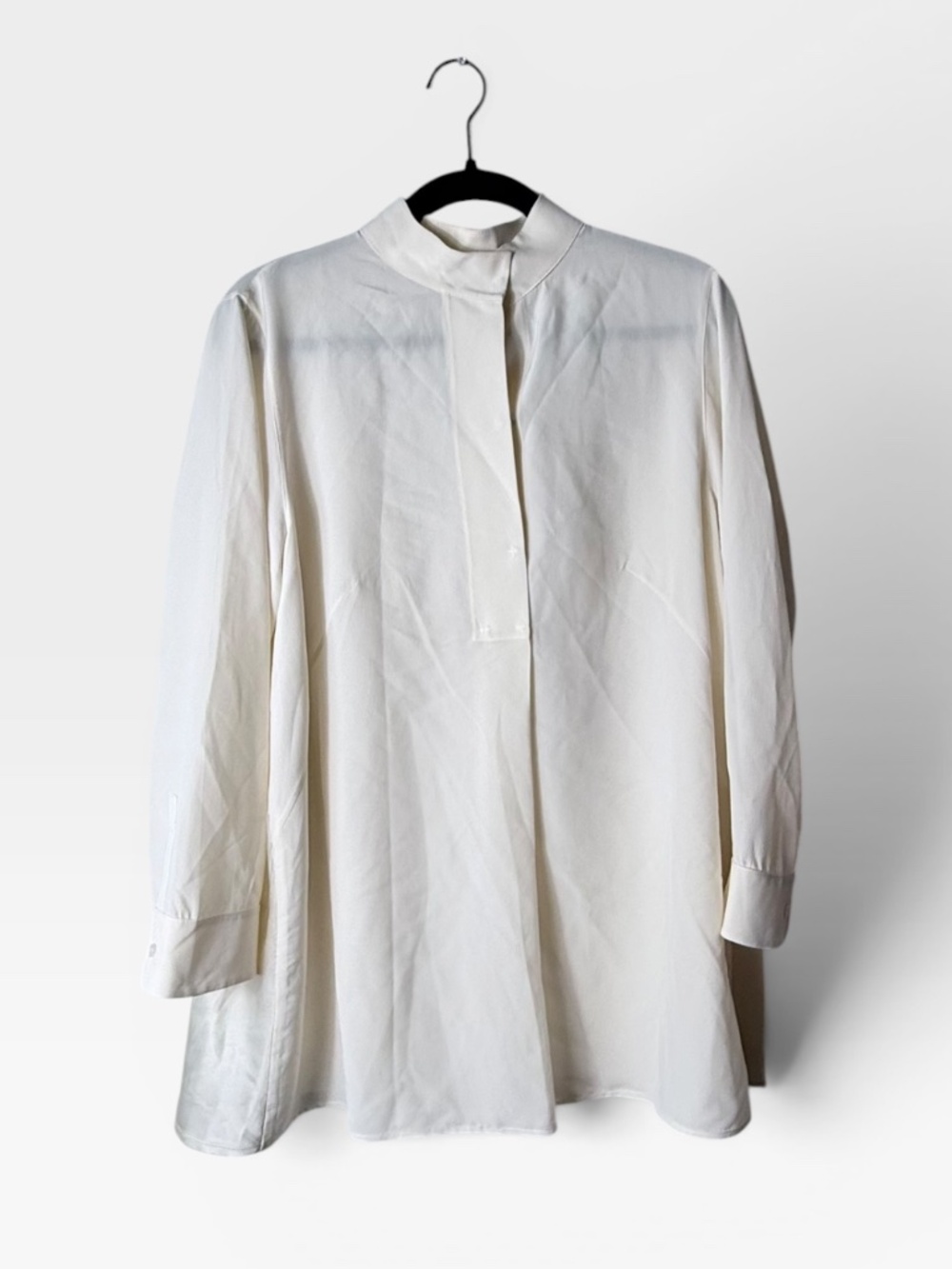 Akris Tunic Blouse Size 14 Cream Long‎ sleeve Satin Sides (U)